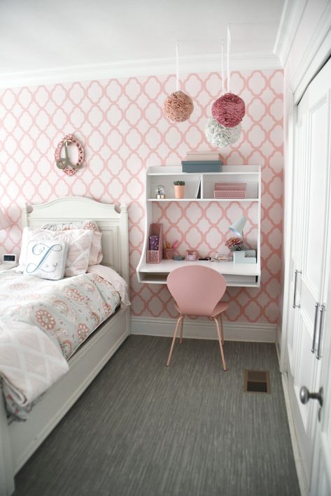 Project Nursery - Wall Desk in Shared Girls Room Girls Room With Desk, Kids Room With Desk, Desk For Girls, Wall Desks, Small Room Girl, Girls Desk, Small Girls Bedrooms, Shared Girls Room, Space Project