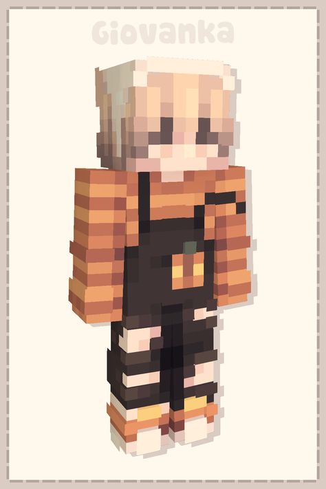 a sweet, spooky minecraft skin for halloween with stripes · #Minecraft#MinecraftSkins#MinecraftInspo#Giovanka#Boy#BlondeHair#BrownEyes#Cute#Aesthetic#Stripes#Overalls#Headscarf#Pumpkin#Halloween#CandyCorn#Yellow#Orange#Black#White Minecraft Boy Skin, Minecraft Skin Outfits, Minecraft Skin Aesthetic, Minecraft Skins Halloween, Minecraft Skin Ideas, Cottage Core Boy, Minecraft Skins Black, Minecraft Pumpkin, Minecraft Character Skins