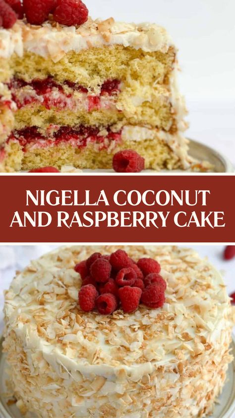 Nigella Coconut And Raspberry Cake Coconut Jam Cake, Coconut And Raspberry Cake, Raspberry Lemon Cake Recipe, Coconut Raspberry Cake, Raspberry Coconut Cake, Mixed Berry Cake, Raspberries Cake, Raspberry Cake Recipe, Berry Cakes