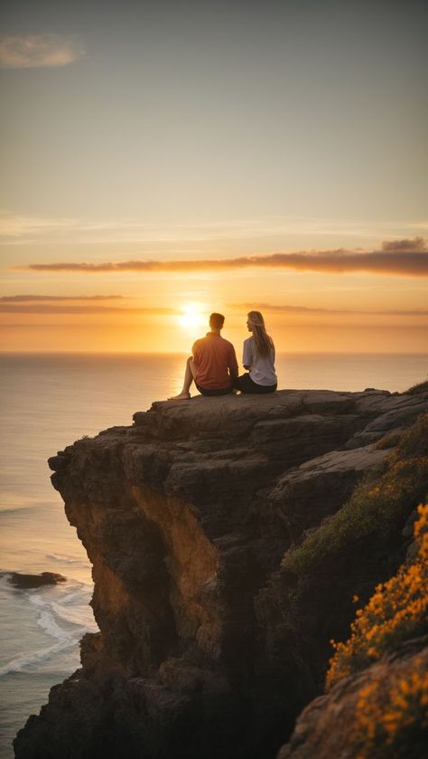 "Couple Gazing at Ocean Sunset" Dobro Veče, Edge Of A Cliff, Sunset Over The Ocean, Love Sunset, Heartwarming Photos, Romantic Paintings, Capture The Moment, Sweet Stories, Romantic Photos