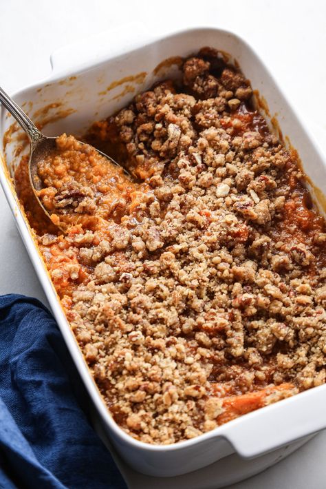 Gluten Free Sweet Potato Souffle, Trisha Yearwood Sweet Potato Souffle, Vegan Mashed Sweet Potatoes, Potato Souffle, Sweet Potato Casserole Healthy, Vegan Sweet Potato Casserole, Sweet Potato Side Dish, Gf Meals, Sweet Potato Sides