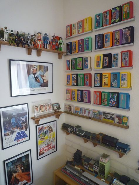 vintage gaming on display instead of storage Video Game Display, Vintage Video Game Room, Keyboard Display, Game Console Display Shelf, Gameboy Display, Retro Gaming Display, Old Game System Display, Retro Games Room, Nes Games