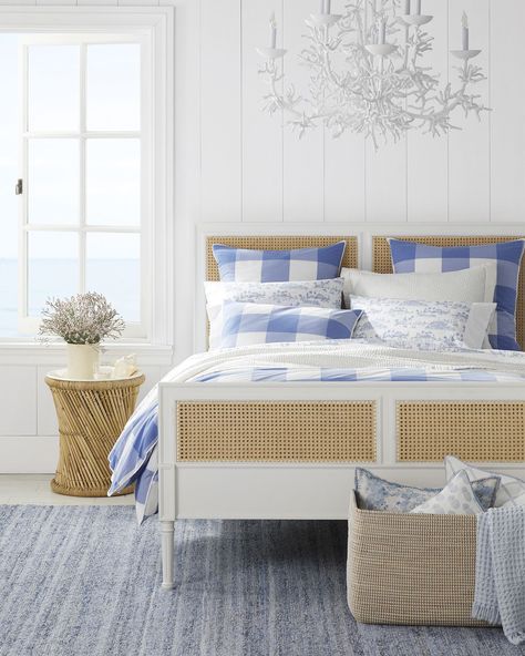 Coastal Bedrooms - Harbour Cane Bed from Serena & Lily | Finding Silver Pennies #coastal #bedroominspiration #homedecor #interiordesign Coral Chandelier, Lake House Interior Design, Coastal Oak, Cane Bed, Lake House Interior, Coastal Bedroom Decorating, Serena Lily, Gorgeous Bedrooms, Serena And Lily