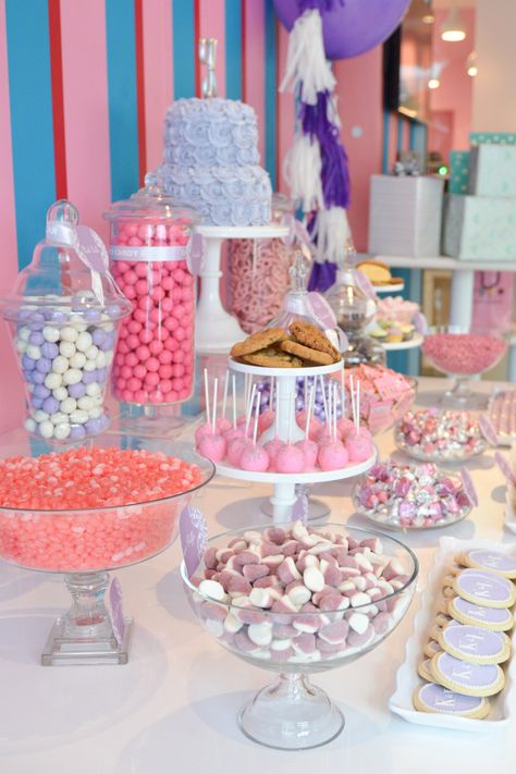 Decked out dessert! Color-coordinate party displays with treats in your color theme. | Dylan's Candy Bar | Wedding Ideas | Bridal Shower | Personalization | Personalized | Get Personal | Favors | Candy | Treats | Gifts | Design Preppy Candy Bar, Birthday Bar Ideas, Bar Wedding Ideas, Kids Candy Bar, Candy Booth, Treats Gifts, Candy Bar Birthday, Candy Buffet Tables, Candy Bar Wedding