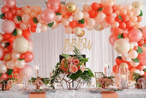 Peach & Coral Balloon Decor Coral Anniversary Party, Coral Birthday Decorations, Coral Birthday Party, Wedding Ballons, Flower Party Themes, Lion King Birthday Party Ideas, Rainbow Balloon Arch, Rustic Birthday, Coral Decor