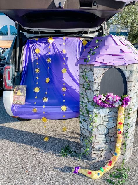 Trunk Or Treat Tangled, Rapunzel Trunk Or Treat Ideas For Cars, Repunzal Trunk Or Treat, Tangled Trunk Or Treat Ideas, Princess Castle Trunk Or Treat, Trunk Or Treat Ideas For Cars Disney Princess, Rapunzel Trunk Or Treat, Rapunzel Decorations, Tangled Trunk Or Treat