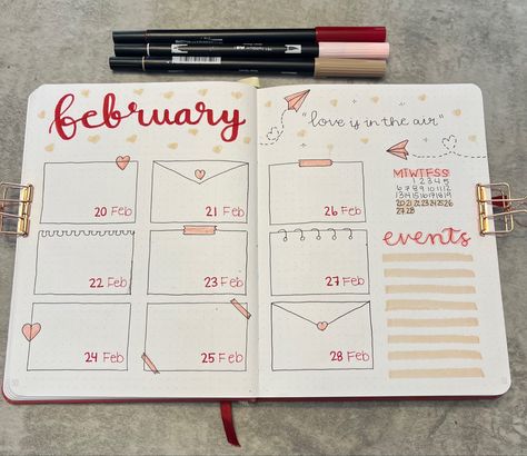 Positive Bujo Page, February Book Journal Spread, Letter Bujo Theme, February Weekly Planner, February Bujo Weekly Spread, Bujo Themes February, February Planner Layout, February Journal Spread, February Bujo Spread