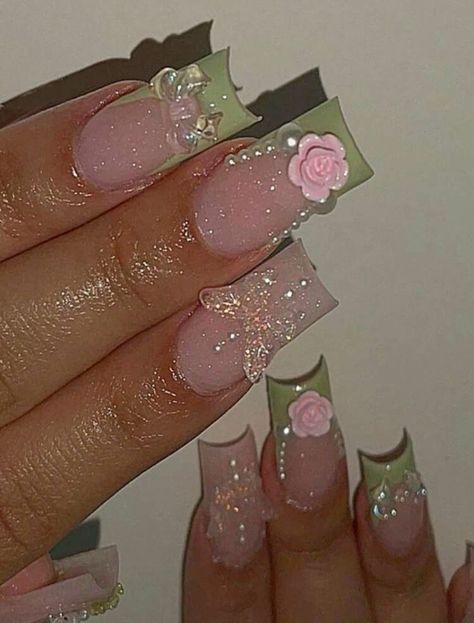 Gel X Nail Inspo Coffin, Pink And Green Square Nails, Long Square Gel X Nails, Now Nails Design, Nail Inspo Sanrio, Simple Green Nail Designs, Acrylic Nail Square, Cute Elegant Nails, Nails Acrylic With Charms