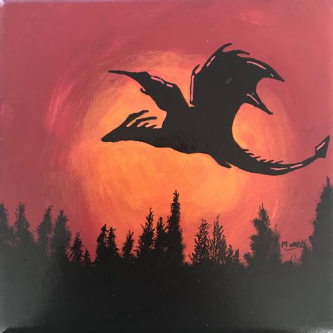 Dragon Silhouette Painting, Canvas Painting Ideas Forest, Simple Dragon Painting, Easy Dragon Painting, Dragon Painting Easy, Dragon Painting Acrylic Easy, Dragon Acrylic Painting, Dragon Paintings, Painted Tapestry