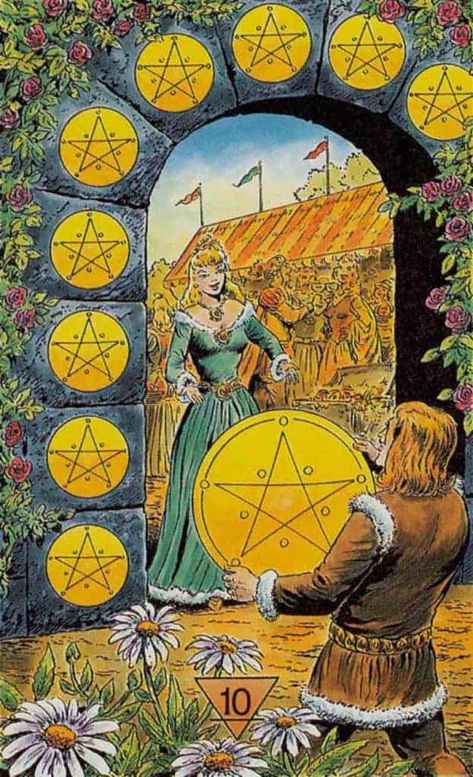 ten of pentacles love meaning 10 Pentacles Tarot Meaning, Tarot Numbers, Ten Of Pentacles, Crystals And Tarot, Suit Of Pentacles, Tarot Pentacles, Free Tarot Cards, Pentacles Tarot, Learning Tarot Cards