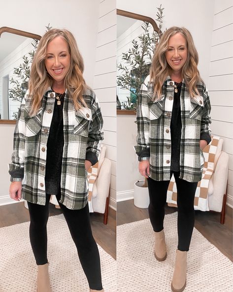 Buffalo Plaid Button Up Outfit, Winter Outfits With Flannels, Womens Flannel Shirt Outfits Fall, Flannel Outfits For Women Winter, Long Plaid Shirt Outfit, Womens Flannel Shirt Outfits, Plaid Shacket Outfit Women, Plaid Button Up Shirt Outfit, Plaid Shirt Outfit Women