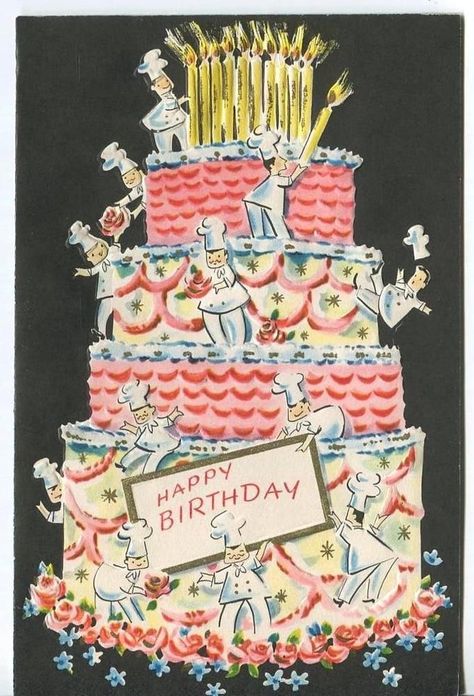 Birthday Cake Illustration, Deco Cake, Art Deco Cake, Vintage Birthday Cakes, Happy Birthday Vintage, Birthday Pins, Birthday Illustration, Vintage Birthday Cards, Retro Birthday