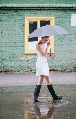 woman walking puddle boots Puddle Boots, Rain Puddle, Stylish Rain Boots, Woman In White Dress, Sperry Rain Boots, Rain Boots For Women, Rainwear Fashion, Water Images, Woman In White