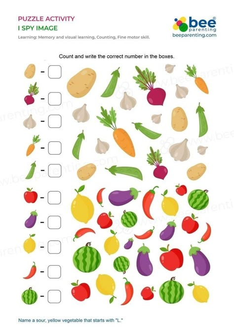 Printable Fruits, I Spy Printable, Kindergarten Math Worksheets Free, Visual Perception Activities, Fun Worksheets For Kids, Kids Worksheets Preschool, Alphabet Activities Preschool, Kids Math Worksheets, Fun Worksheets