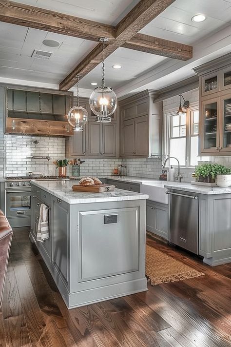 Farmhouse Kitchen With Grey Cabinets, Gray White Wood Kitchen, Gray Kitchen Cabinets Countertop Ideas, Wood Floor Gray Cabinets, Timeless Kitchen Colors, Dark Floor Kitchen Ideas Color Schemes, Farmhouse Kitchen Gray Cabinets, Farmhouse Kitchen Gray, Kitchens With Gray Cabinets