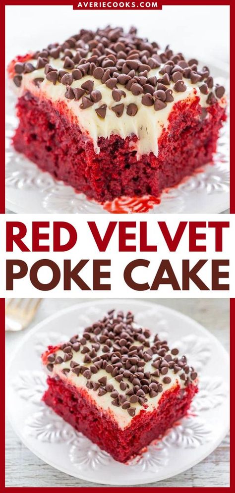 Easy Red Velvet Cake Recipe (A Poke Cake Recipe!) - Averie Cooks Red Velvet Cake Mix Recipes, Red Velvet Poke Cake, Easy Red Velvet Cake, Easy Red Velvet, Red Velvet Desserts, Red Desserts, Red Velvet Recipes, Cream Cheese Frosting Cake, Red Velvet Cake Recipe