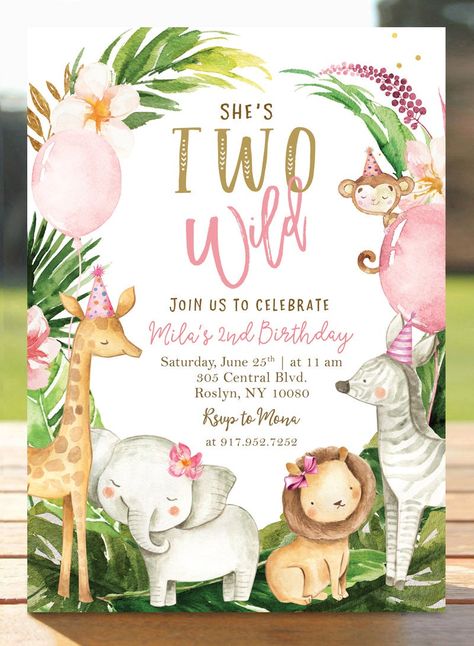 Two Wild Party Invitations, Two Wild Birthday Invite, Pink Jungle Theme Birthday, Pink Safari Birthday Party Decoration, Wild 2 Birthday Party Girl, Welcome Two The Jungle Party Girl, Two Wild Birthday Invitations, Two Wild Girl Birthday, Safari Birthday Party Girl