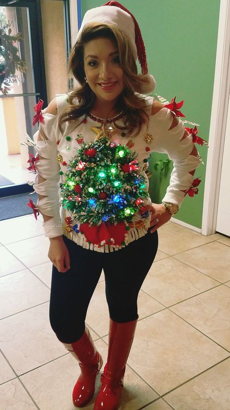 Ugly Christmas Sweater **Oh Christmas Tree**. This is too cute! Beautiful woman Christmas Custome Ideas For Women, Ugly Sweater Diy Ideas, Diy Ugly Sweater Ideas For Women, Ugly Christmas Sweater Ideas Diy, Teacher Ugly Christmas Sweater, Tacky Christmas Outfit, White Ugly Christmas Sweater, Creative Ugly Christmas Sweater, Ugly Christmas Sweaters Diy