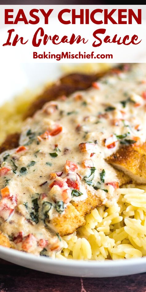 Healthy Cream Sauce Chicken, Chicken And Sauce Over Rice, Cream Of Chicken Sauce Recipes, Breaded Chicken And Rice, Creamed Chicken Over Rice, Rice With Cream Sauce, Chicken Served Over Rice, Keto Cream Sauce For Chicken, Chicken With Sauce Recipes Over Rice