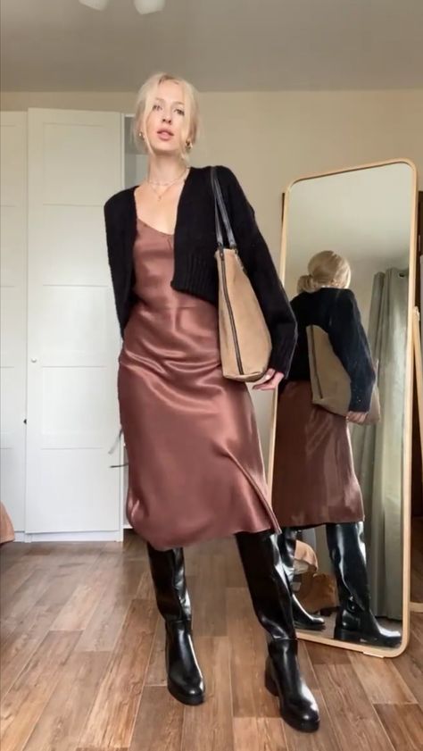 How To Style Silk Dress, Satin Dress With Cardigan, Black Slip Dress Outfit, Date Night Outfits Fall, Night Outfits Fall, Dresses With Black Tights, Slip Dress Outfit, Boots Biker, Pink Silk Dress