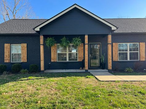 Black Brick Ranch House Exterior, Black Brick Ranch House, Black Trailer Home Exterior, Black Painted Brick Exterior, Black Ranch House Exterior, Black Mobile Home Exterior, Painted Brick Ranch House, Ranch Style House Exterior, Brick Makeover