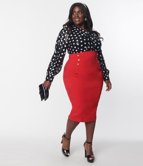 Unique Vintage 1950s Plus Size Red Sailor High Waist Sierra Pencil Skirt - Unique Vintage - Womens, BOTTOMS, SKIRTS High Waisted Skirt Plus Size, Flared Skirt Outfit, Flare Skirt Outfit, Plus Size Pencil Skirt, Chic Office Outfit, Skirt Ideas, Hot Clothes, Plus Size Skirt, Plus Size Looks