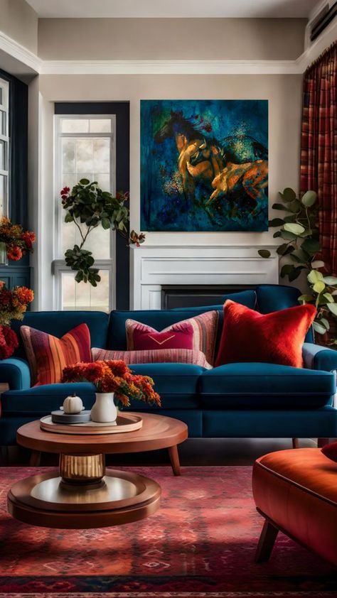 Horse Painting by Olivia Lee Hiller Blue And Orange Living Room, Blue Couch Living Room, Cabin Room, Cabin Living Room, Colourful Living Room Decor, Living Room Orange, Living Room Red, Cabin Living, Colourful Living Room