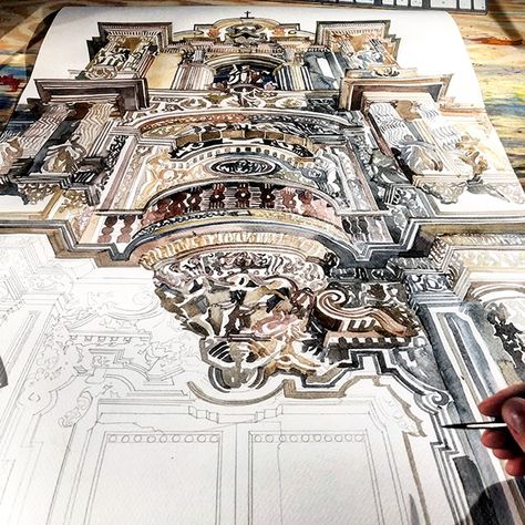 making of Palace of San Telmo on Behance Architecture Antique, Art Alevel, Gcse Art Sketchbook, A Level Art Sketchbook, Watercolor Architecture, Architecture Sketchbook, Architecture Design Sketch, Architecture Design Drawing, Architecture Drawing Art