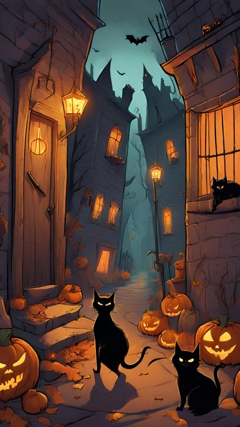 Cute Horror Background, Spooky Art Aesthetic, Creepy Scenery, Halloween Town Aesthetic, Moving Halloween Wallpaper, Halloween Scene Wallpaper, Halloween Haunted House Wallpaper, Spooky Cats Wallpaper, Spooky Wallpapers