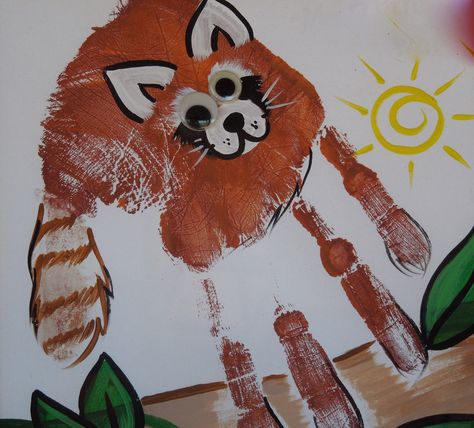 Handprint Red Panda Red Panda Habitat Project, Red Panda School Project, Red Panda Party Ideas, Red Panda Crafts, Red Panda Craft, Red Panda Birthday Party, Red Panda Printable, Red Panda Tattoo, Red Panda Line Art