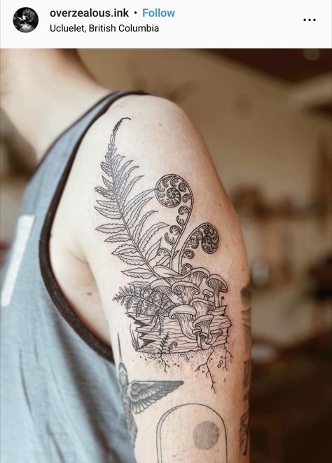 Tree Mushroom Tattoo, Woodlands Tattoo, Driftwood Tattoo, Fiddlehead Fern Tattoo, Ferns Tattoo, Tattoos For Nature Lovers, Mushroom Tattoo Ideas, Herbal Tattoo, Tree Sleeve Tattoo