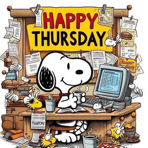 Snoopy Thursday, Thursday Meme, Day And Night Quotes, Happy Thursday Images, Charlie Brown Characters, Thursday Greetings, Charlie Brown Thanksgiving, Good Morning Snoopy, Good Morning Thursday