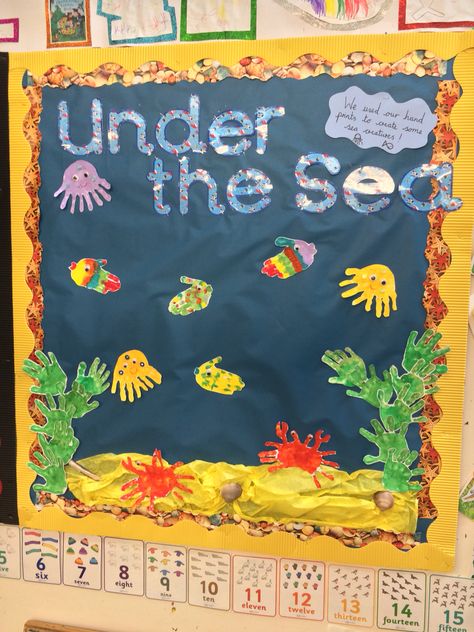 Early years under the sea display board using handprints ☺️ 🐠🐟 Summer Display Board Nursery, Baby Room Display Boards, Under The Sea Display, Nursery Display Boards, Preschool Displays, Infant Toddler Classroom, Koala Craft, Early Years Classroom, Sea Nursery