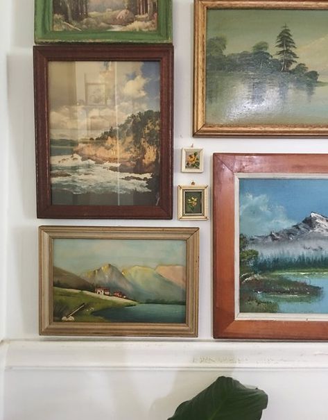 Landscape Paintings Gallery Wall, Gallery Wall Oil Paintings, Gallery Wall Of Landscapes, Vintage Landscape Gallery Wall, Large Art Gallery Wall, Gallery Wall Mixed Frames, Landscape Photo Wall, Landscape Gallery Wall, Office Redo