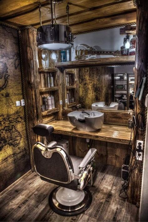 barber shop wood Boutique Barber Shop, Old Barber Shop Vintage, Western Barber Shop, Vintage Barber Shop Aesthetic, Cool Barber Shop Ideas, Rustic Barber Shop Decor, Home Barber Shop Ideas, Rustic Barber Shop, Small Barber Shop Ideas