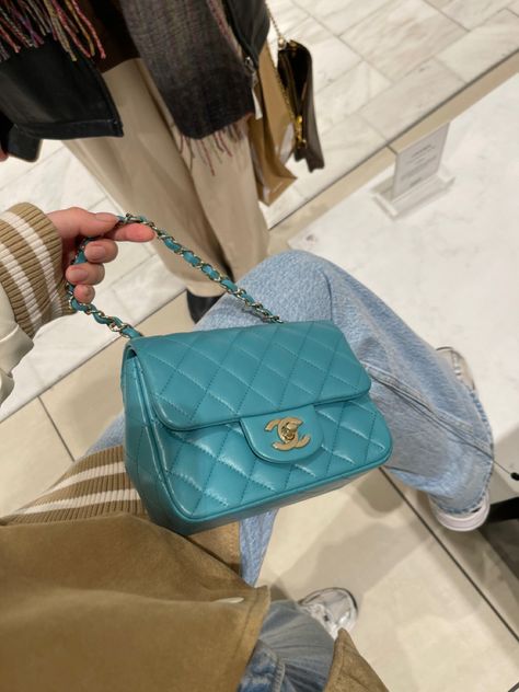 Turquoise Bag Outfit, Chanel Bag Outfit, Mini Chanel, Turquoise Aesthetic, Teal Bag, Turquoise Bag, Chanel Blue, Bag Outfit, Blue Purse