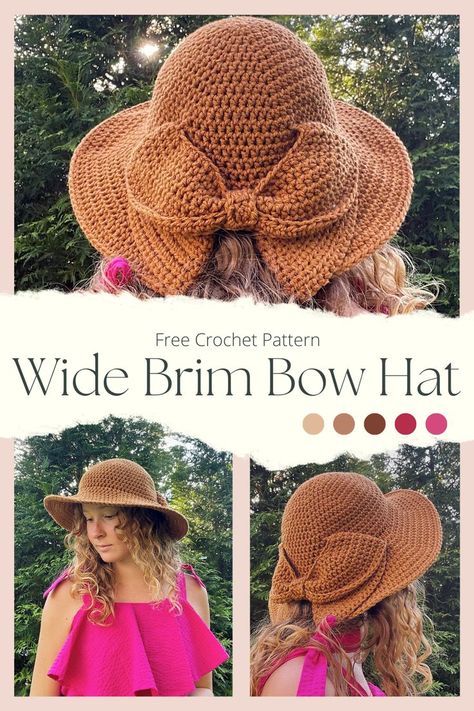 This hat is the perfect addition to your summer wardrobe! The yarn is light and the hat is loose-fitting to not cause excess heat, while the wide brim blocks out the sun. Plus the color matches almost anything and the bow is the cutest little detail! Scroll down for an easy-to-follow pattern to create your own wide brim bow hat! Hat Free Crochet Pattern, Crochet Summer Hats, Easy Crochet Hat, Crochet Sun Hat, Crochet Hat Free, Crochet Knit Hat, Crochet Hats Free Pattern, Diy Crochet Projects, Crochet Hat Pattern