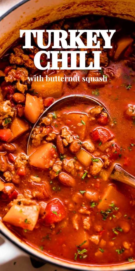 It's chili weather! This Turkey Chili is hearty and so, so delicious prepared with ground turkey, butternut squash, beans, spices, and tomatoes. Easy to make, wholesome, and ready in about an hour – the perfect one-pot meal! Turkey Chili Butternut Squash, Turkey Butternut Squash Chili, Ground Turkey Butternut Squash, Turkey Butternut Squash, Turkey Chili Recipe Easy, Turkey Chilli, Squash Chili, Ground Turkey Chili, Easy Turkey Recipes