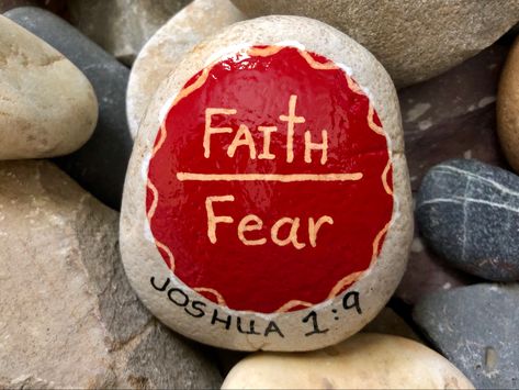 Faith over fear. Faith Rocks Painting, Painted Rocks With Scripture, Rock Painting Inspirational Quotes, Painting Rocks Ideas Christian, Faith Based Painted Rocks, Stone Painting Garden Rock Art, Faith Painted Rocks, Jesus Rock Painting Ideas, Bible Verse Rock Painting