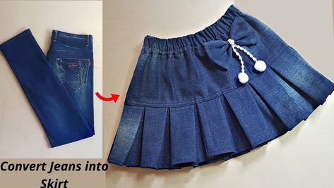 Convert Jeans into a Skirt Skirt Transformation, Reuse Old Jeans, Diy Denim Skirt, Vestiti In Jeans, Diy Denim, Girls Dress Sewing Patterns, Kids Frocks Design, Kids Dress Patterns