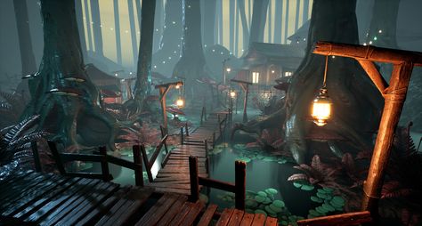 Swamp Fantasy Village, Swamp Town Concept Art, Swamp Village Art, Swamp Village Concept Art, Swamp Village Fantasy Art, Fantasy Fishing Village, Minecraft Swamp Village, Swamp Concept Art, Fantasy Marketplace