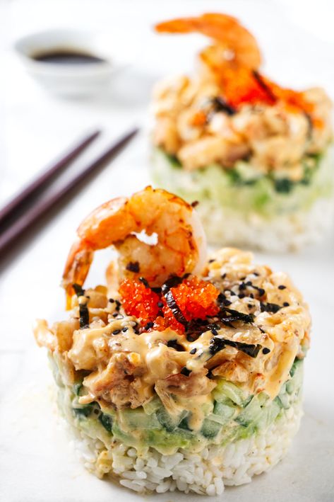 Shrimp Catering Ideas, Shrimp Sushi Bake Cups, Seafood Dessert Ideas, Unique Sushi Ideas, Lobster Sushi Roll Recipe, Shrimp Sushi Stack, Shrimp Sushi Bake, Stack Recipes, Perfect Sushi Rice Recipe