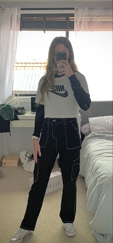 nike top: JD sports ▫️black stitched cargo pants: yesstyle Black Cargo White Stitch Outfit, Stitch Cargo Pants Outfit, White Stitched Black Pants Outfit, Outfits W Black Cargo Pants, Black Cargo Pants White Stitching Outfit, Black And White Cargo Pants Outfit, Black Jeans With White Stitching Outfit, White Cargo Pants Outfit, Slay Fashion