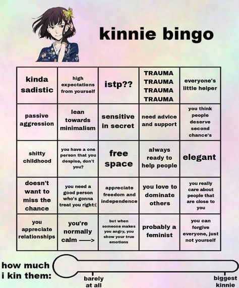 Yosano Kinnie Bingo, Bsd Kinnie Bingos Dazai, Bsd Yosano Icon, Bungo Stray Dogs Kinnie Bingo, Bsd Bingo Kin, Yosano Kinnie, Demon Slayer Kinnie Bingo, Ranpo Kinnie Bingo, Dazai Kinnie Bingo