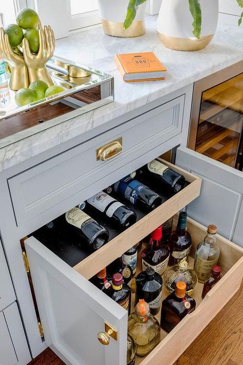 Kitchen with Wine Drawer and Pull Out Liquor Cabinet - Transitional - Kitchen Wine Drawer, Dry Bar Ideas, Bar Cupboard, Pantry Bar, Gray Shaker Cabinets, Wet Bar Ideas, Home Wet Bar, Classy Kitchen, Bathroom Remodel Cost