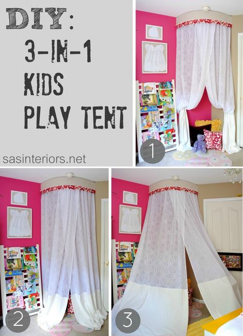 DIY: 3 in 1 Kids Play Tent.  Great for a kids room or play room!  Easy to create.  Tutorial by Jenna Burger Design www.jennaburger.com Burger Design, Reading Nook Kids, Ideas Habitaciones, Kids Play Tent, Play Tent, Toy Rooms, Big Girl Rooms, Trendy Kids, Kids Play