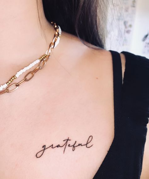 Grateful Tattoos For Women, Grateful Tattoo Ideas, Feather Rib Tattoos, Grateful Tattoo, Tatto Designs, Wrist Tattoos Words, Enough Tattoo, Small Neck Tattoos, Tattoos Infinity