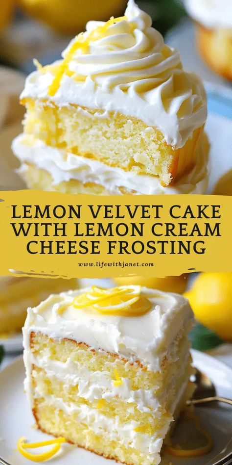 This sunny lemon velvet cake is pure citrus bliss! The tender cake layers and luscious lemon cream cheese frosting make for the ultimate taste of springtime. Lemon Curd Dessert, Moist Lemon Cake Recipe, Lemon Velvet Cake, Velvet Cakes, Moist Lemon Cake, Junk Foods, Velvet Cake Recipes, Lemon Cream Cheese Frosting, Citrus Recipes