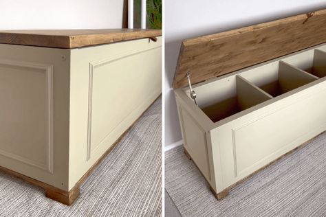 A step-by-step video tutorial from Kayleigh on hacking a stunning and functional storage chest that looks like a custom piece of furniture. Ikea Besta Bench, Kallax Kitchen, Banquette Ikea, Kallax Desk, Waterbed Frame, Diy Kallax, Wardrobe Ikea, Kallax Storage, Cabinets Ikea