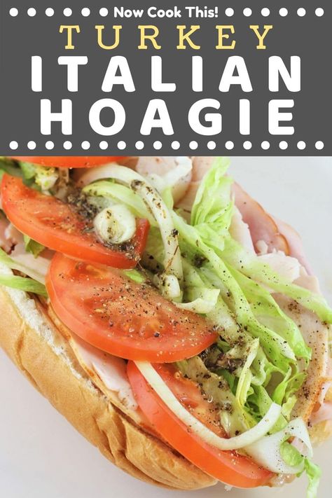 This easy homemade Turkey Italian Hoagie made with turkey, ham, salami, provolone cheese, and veggies topped with a red wine vinegar dressing is one of my all-time favorite cold sub sandwiches! It's so simple and quick to make at home (and less expensive), there's no need to get takeout. Get the recipe and give it a try! #turkeyitalianhoagie #turkeyitaliansub #italianhoagie #italiansub #hoagie #sandwich Salami And Turkey Sandwich, Salami Sandwich Recipes Cold, Italian Turkey Sandwiches Recipe, Italian Turkey Sandwich, Cold Hoagie Sandwiches, Homemade Italian Sandwiches, Turkey Hoagie Sandwiches, Cold Subs Sandwiches, Hoagie Sandwich Ideas